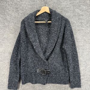 August Silk Cardigan Women L Large Gray Knit Collared Long Sleeve Acrylic